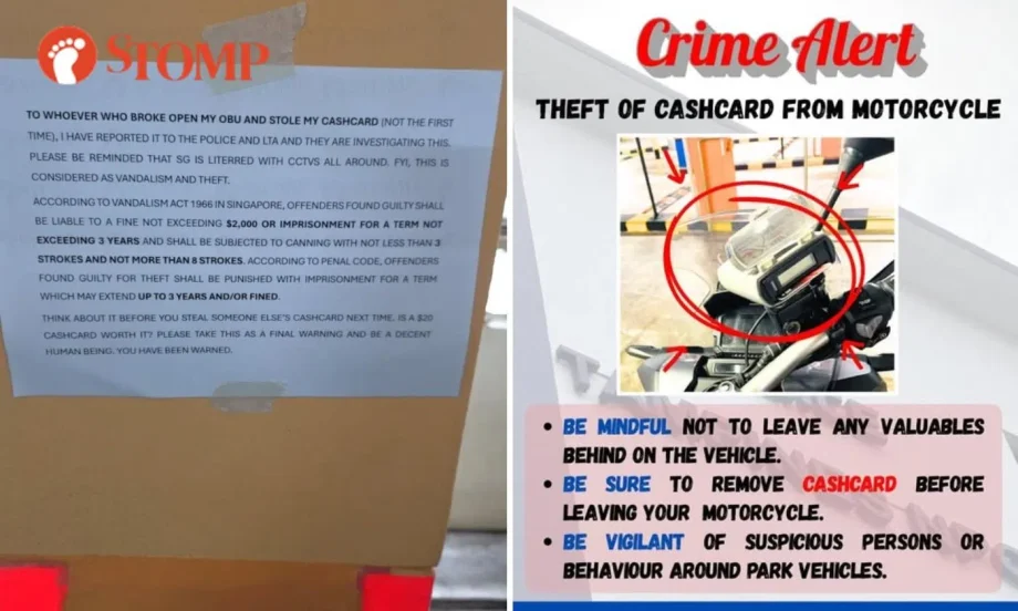 Motorcyclist posts warning to thief who stole his cashcard in carpark, blames OBU as it can’t be locked Motorcyclist posts warning to thief who stole his cashcard in carpark, blames OBU as it can’t be locked
