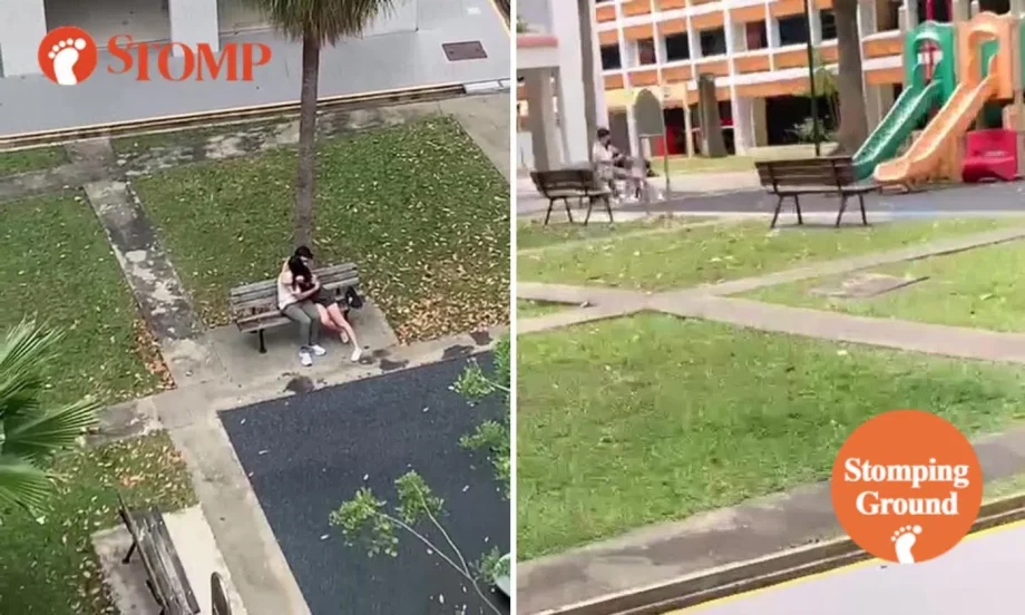 Stomper takes videos of couple hugging and kissing on playground bench, wants them to get a room Stomper takes videos of couple hugging and kissing on playground bench, wants them to get a room