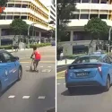 Boy sent flying after getting hit by taxi while crossing road on kick scooter in Bugis