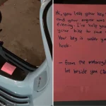 ‘Thanks, bike neighbour’: Motorist switches off neighbour’s running bike, leaves note and key under seat