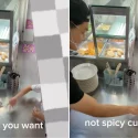 Stall owner gently tells off primary school boy who throws money while ordering food