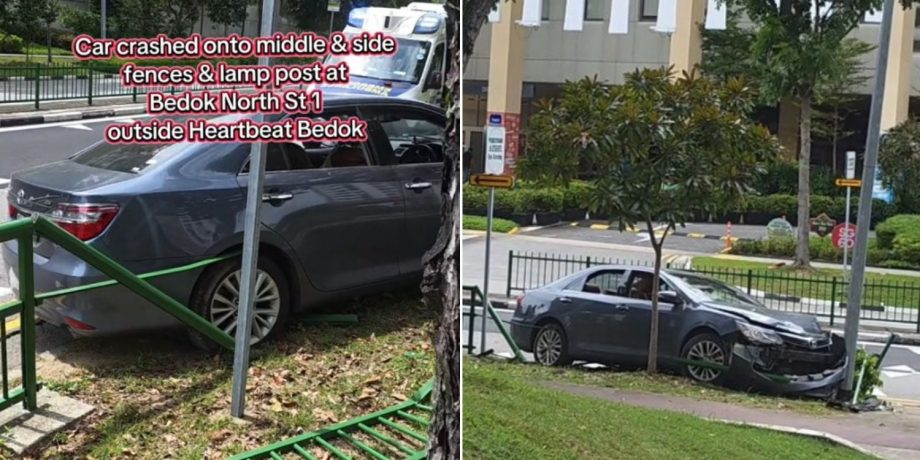 2 injured after 81-year-old driver crashes car into fencing & lamppost in Bedok