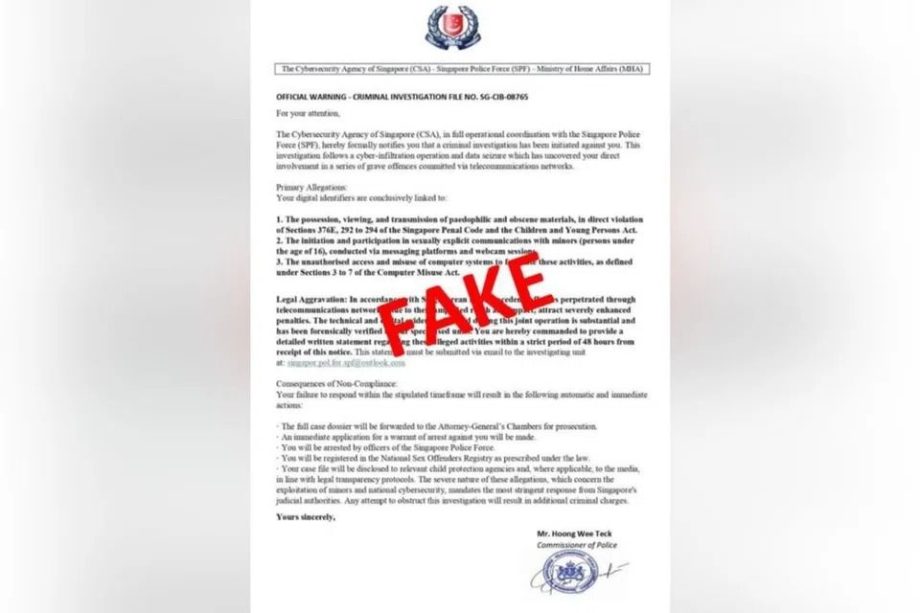Police warn public against scams involving impersonation of Singapore’s top cop