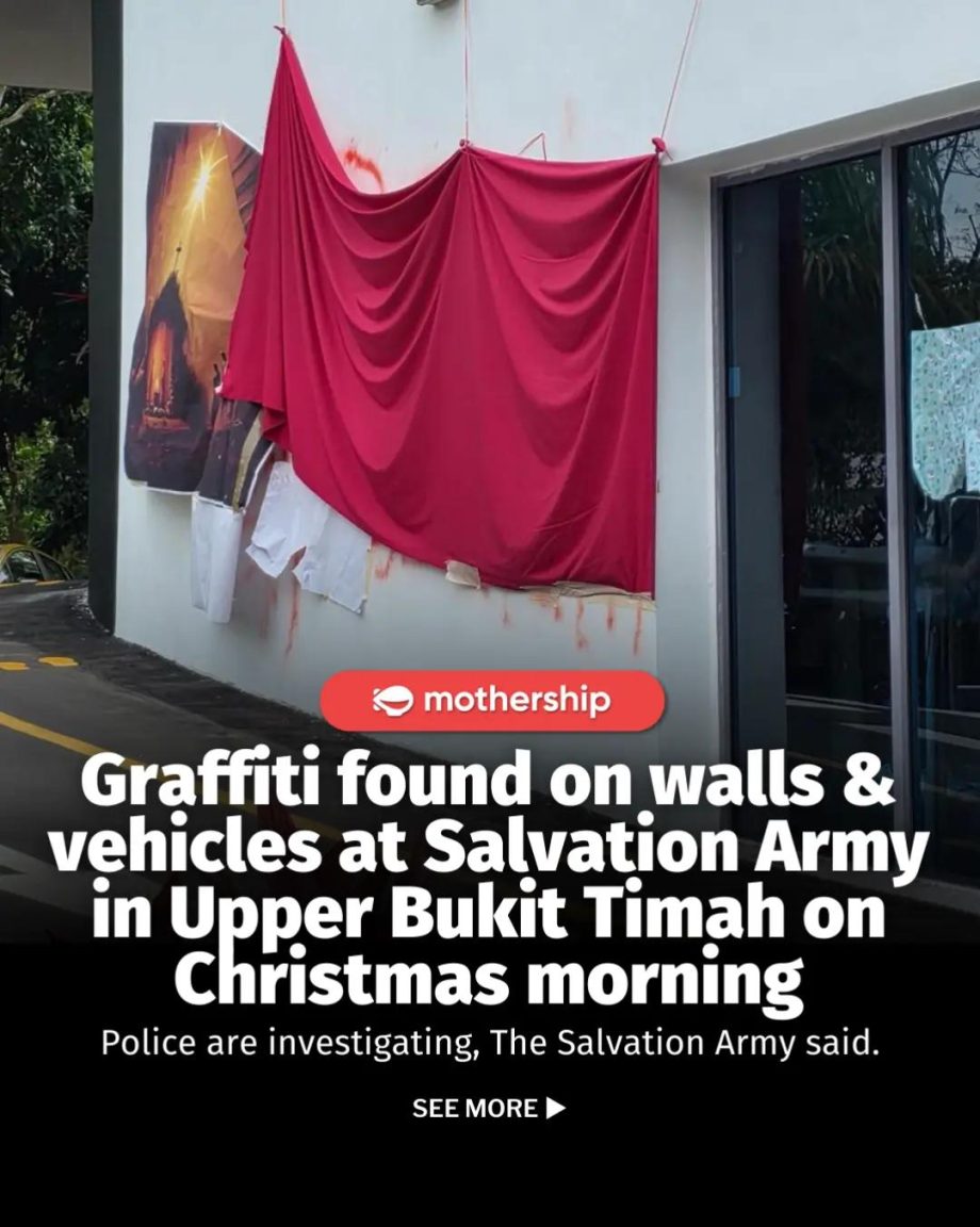 @mothershipsg Red graffiti was found spray painted on walls and vehicles at The …