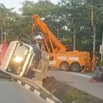 Driver taken to hospital after tipper truck skids into drain along ECP slip road