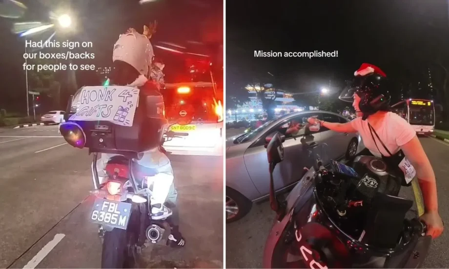 ‘Honk for gifts’: Motorcyclists surprise road users with festive giveaway in Punggol and Bugis