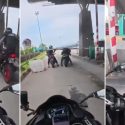 4 S’pore-registered motorcycles ride in wrong lane at M’sia toll plaza, 2 squeeze under barrier