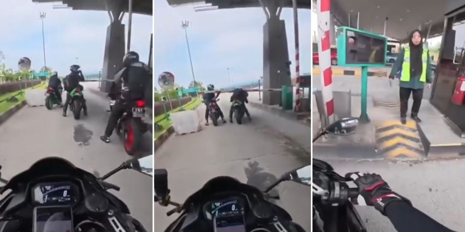 4 S’pore-registered motorcycles ride in wrong lane at M’sia toll plaza, 2 squeeze under barrier