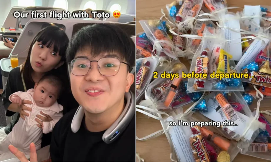 Parenting influencers give out goodie bags on first SIA business class flight in case their baby cries Parenting influencers give out goodie bags on first SIA business class flight in case their baby cries