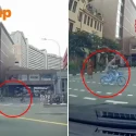 3 cyclists ride across road despite red light and oncoming traffic in Chinatown, pedestrians almost as reckless