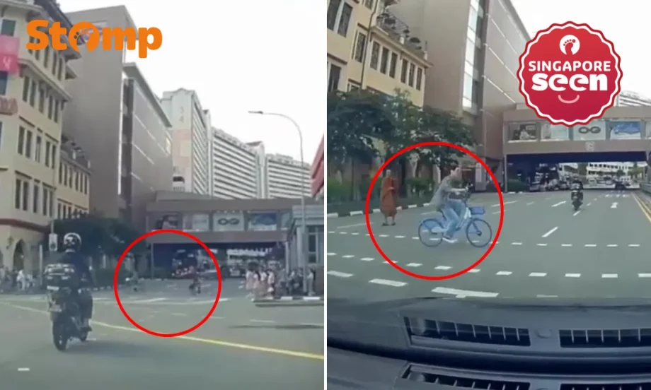 3 cyclists ride across road despite red light and oncoming traffic in Chinatown, pedestrians almost as reckless