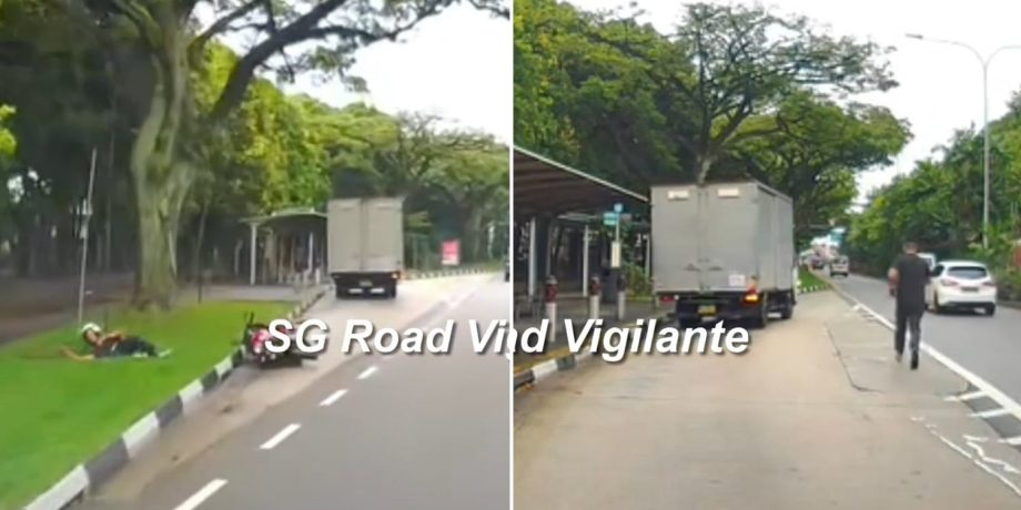 Motorcyclist knocked onto grass verge after riding beside lorry in Boon Lay, motorist gives chase to alert driver