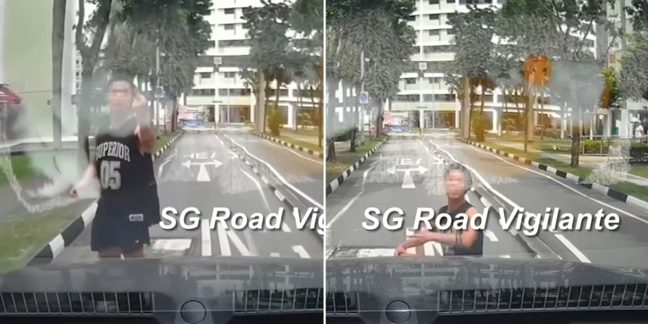 Pedestrian shows middle finger & sits down on road at Mountbatten after being honked at by car Pedestrian shows middle finger & sits down on road at Mountbatten after being honked at by car