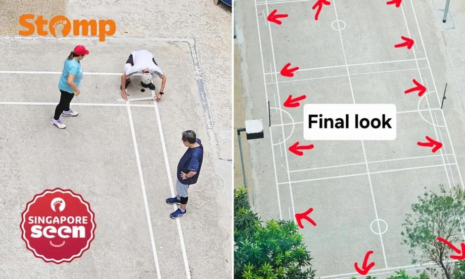 Pickleball players mark out lines with masking tape at Admiralty Drive hard court — and leave it behind