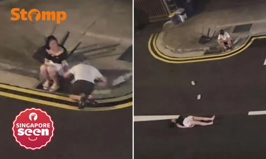 Man slaps himself and kowtows to woman — who responds by lying in middle of Joo Chiat road