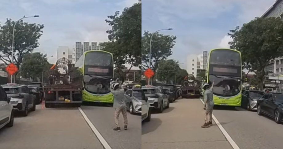 This made my day: Motorcyclist helps direct traffic after bus and trailer get stuck along narrow Sembawang road, Singapore News