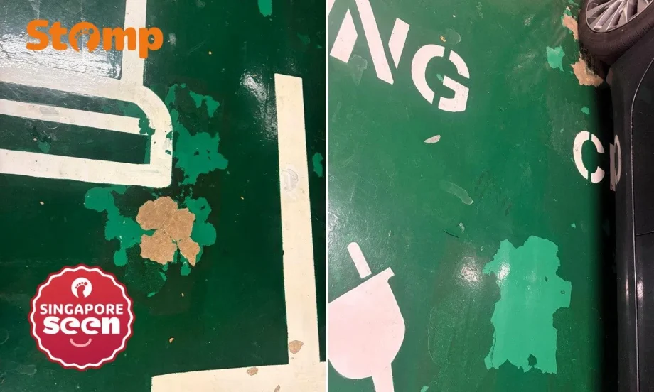 Paint peels off from floor of EV charging point in Esplanade, gets stuck on Stomper’s car tyres