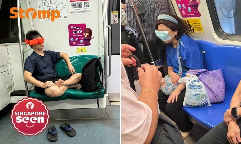 Blindfolded man ‘meditates’ on train, another MRT commuter wears mask over her eyes
