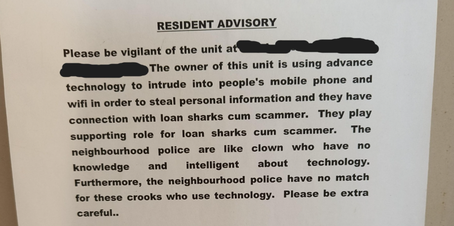 Yishun HDB lift lobby sign warns of neighbour using ‘advanced technology’ to hack phones, netizens sceptical Yishun HDB lift lobby sign warns of neighbour using ‘advanced technology’ to hack phones, netizens sceptical