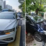 Car veers onto pavement in Tampines and crashes into Temasek Polytechnic fence after accident