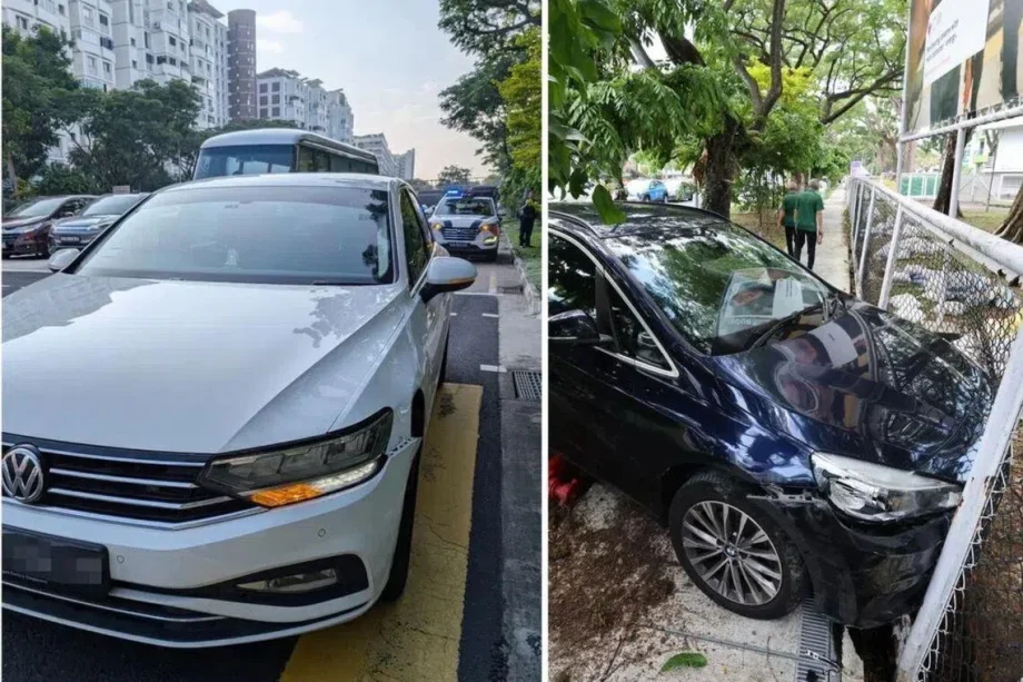 Car veers onto pavement in Tampines and crashes into Temasek Polytechnic fence after accident
