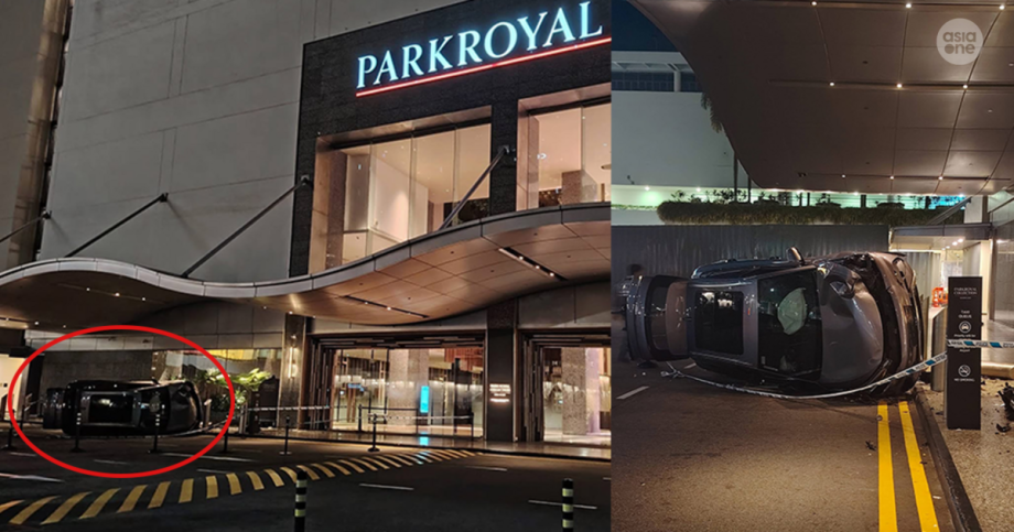 Car lands on side along Marina Bay hotel driveway after accident with taxi; female passenger and infant daughter taken to hospital, Singapore News Car lands on side along Marina Bay hotel driveway after accident with taxi; female passenger and infant daughter taken to hospital, Singapore News