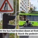 Bus blocks pedestrian crossing at Bukit Batok junction, pedestrian knocks on windscreen to inform driver