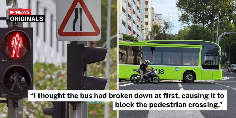 Bus blocks pedestrian crossing at Bukit Batok junction, pedestrian knocks on windscreen to inform driver Bus blocks pedestrian crossing at Bukit Batok junction, pedestrian knocks on windscreen to inform driver