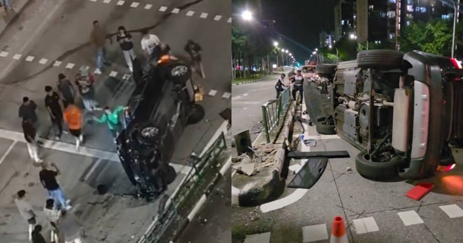 Passers-by attempt to smash windshield to rescue driver after car overturns in Punggol, Singapore News Passers-by attempt to smash windshield to rescue driver after car overturns in Punggol, Singapore News