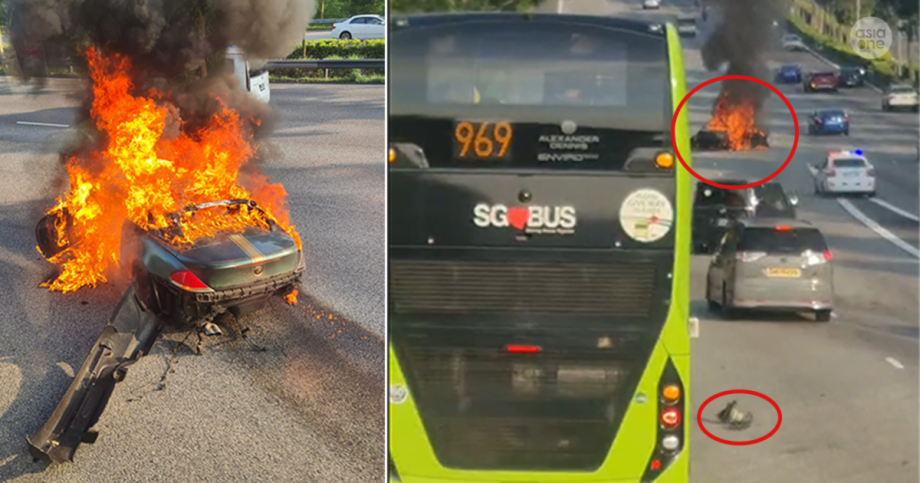 BMW convertible skids and hits object along SLE, bursts into flames, Singapore News BMW convertible skids and hits object along SLE, bursts into flames, Singapore News