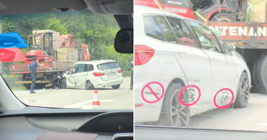 BMW car front crumped in accident with lorry along PIE, driver taken to hospital, Singapore News BMW car front crumped in accident with lorry along PIE, driver taken to hospital, Singapore News