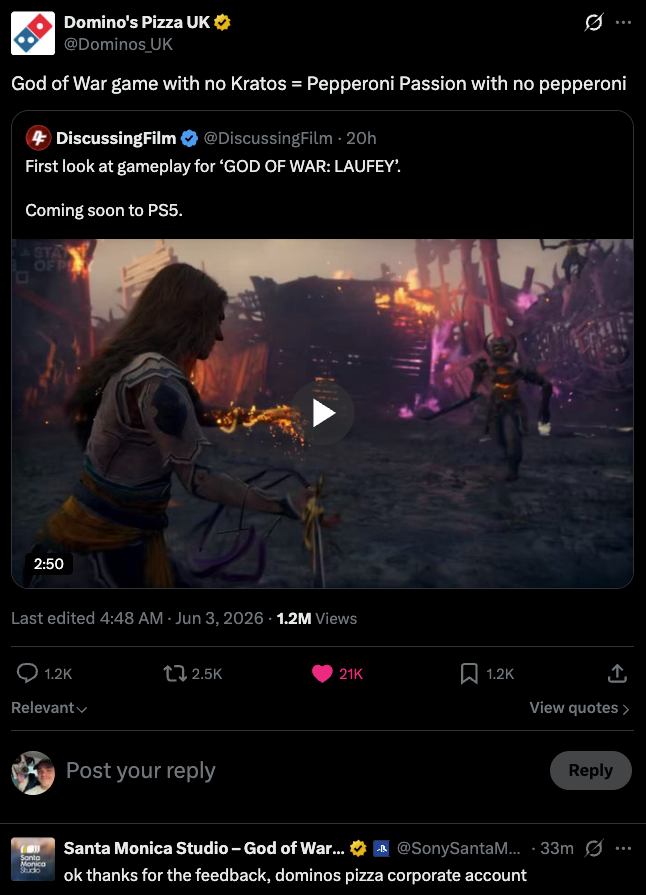 God Of War: Laufey Dev Responds To Pizza Company’s Dumb Tweet About New Game