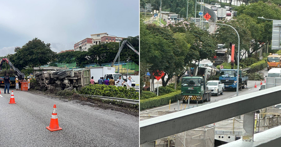 Tipper truck skids and flips on TPE, spilling sand, Singapore News Tipper truck skids and flips on TPE, spilling sand, Singapore News