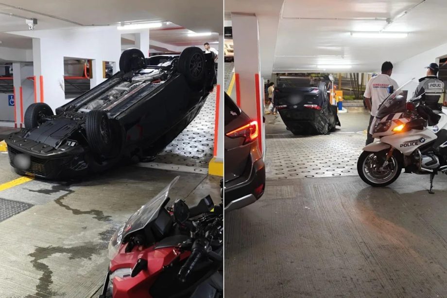 Woman injured after car turns turtle at Woodlands carpark