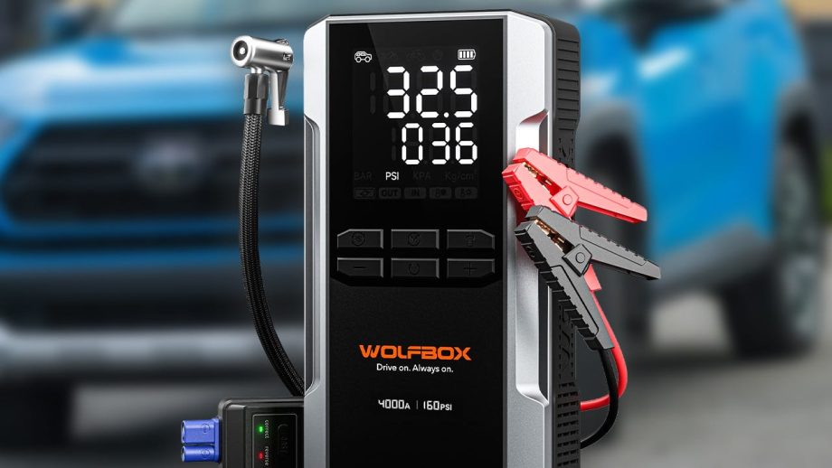 Save 62% the Wolfbox 4,000A Cordless Jump Starter, Tire Inflator, and 24,000mAh Power Bank in One