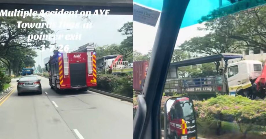 Lorry driver trapped in seat after chain collision on AYE, 4 taken to hospital, Singapore News Lorry driver trapped in seat after chain collision on AYE, 4 taken to hospital, Singapore News