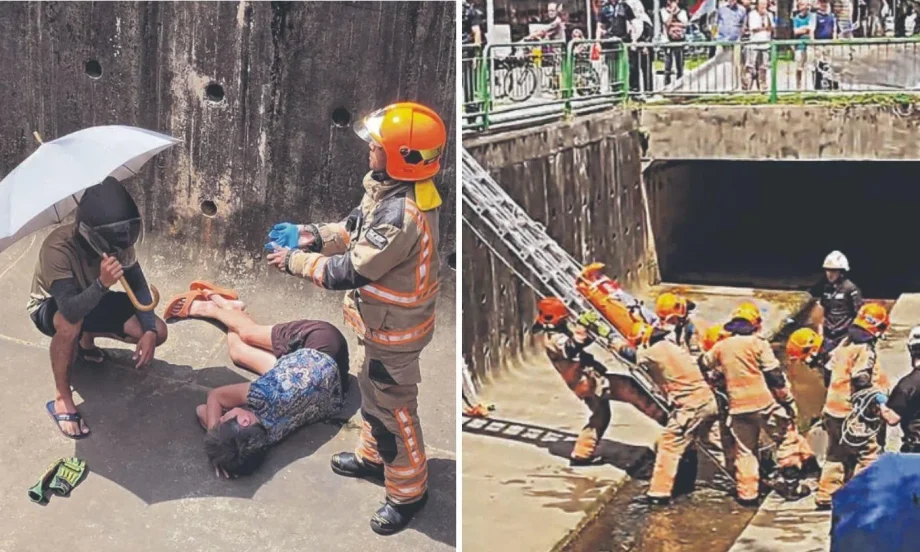 Woman falls into drain, rider shields her Woman falls into drain, rider shields her