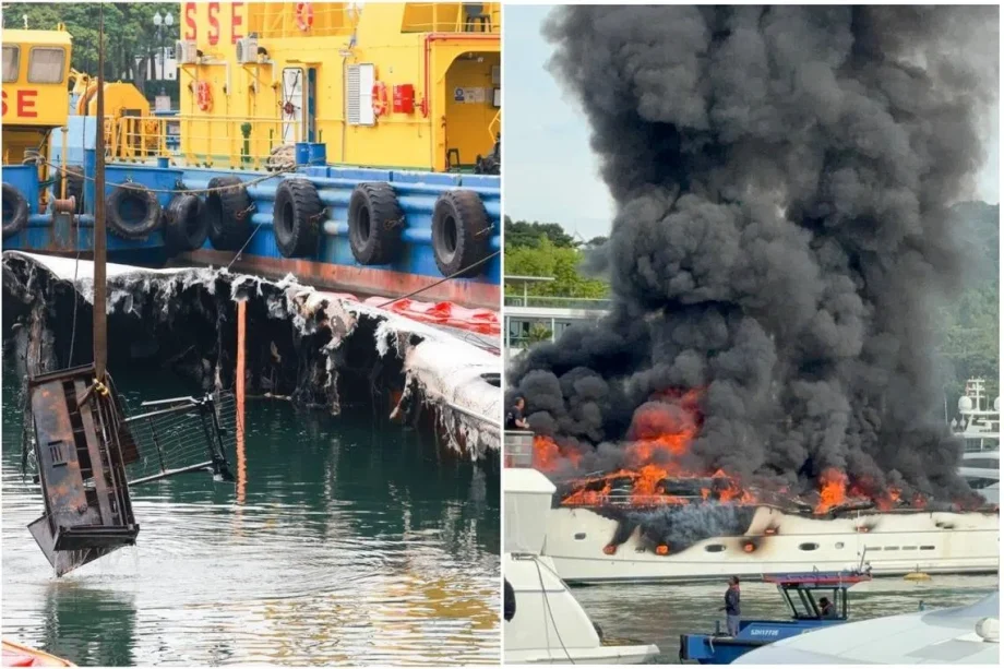 Luxury yacht salvaged in Sentosa Cove after fire Luxury yacht salvaged in Sentosa Cove after fire