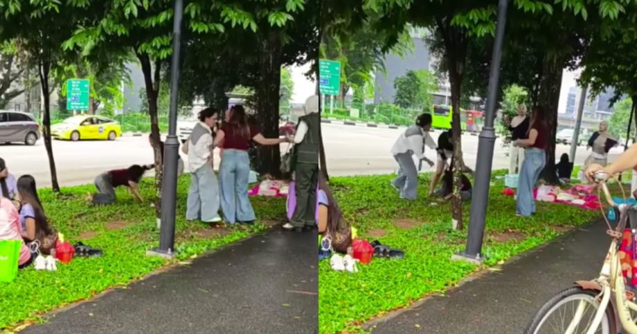 Woman dragged by hair, ends up on her knees in fight outside City Plaza, Singapore News Woman dragged by hair, ends up on her knees in fight outside City Plaza, Singapore News