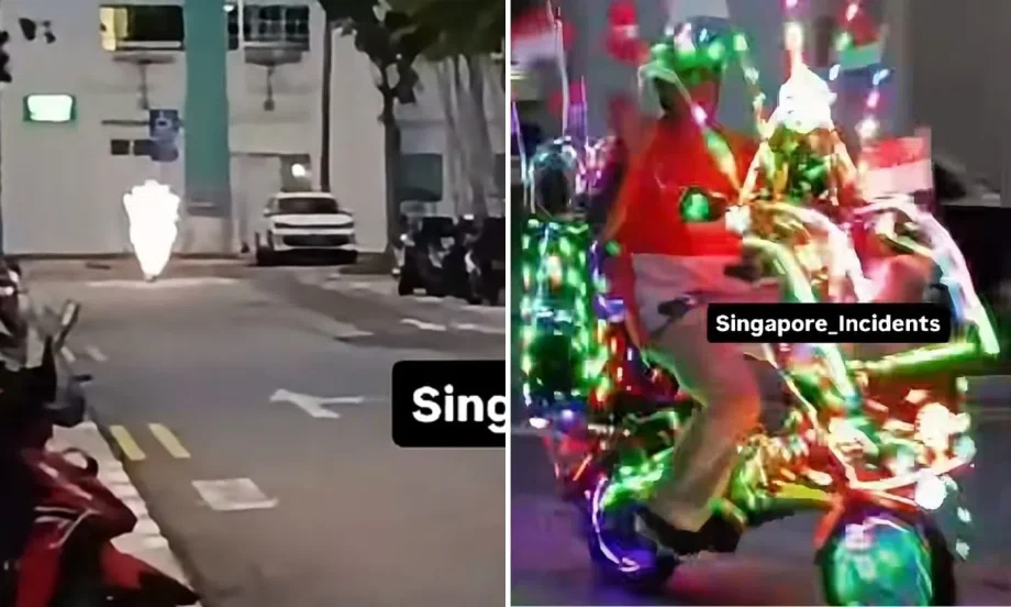 Tampines e-bike rider with national flags Tampines e-bike rider with national flags