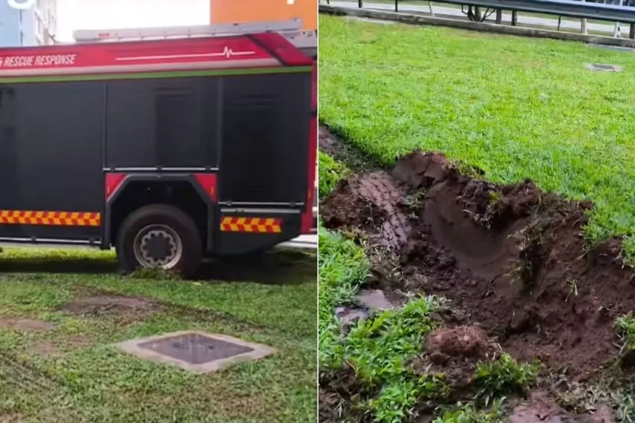 SCDF fire engine stuck in grass patch near Sengkang HDB block SCDF fire engine stuck in grass patch near Sengkang HDB block