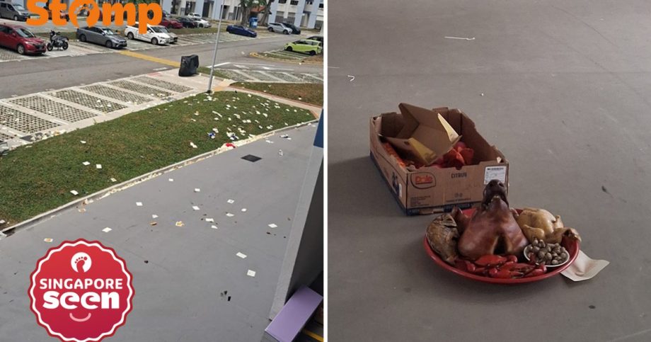Pig head among mess at Bedok void deck after funeral wake Pig head among mess at Bedok void deck after funeral wake